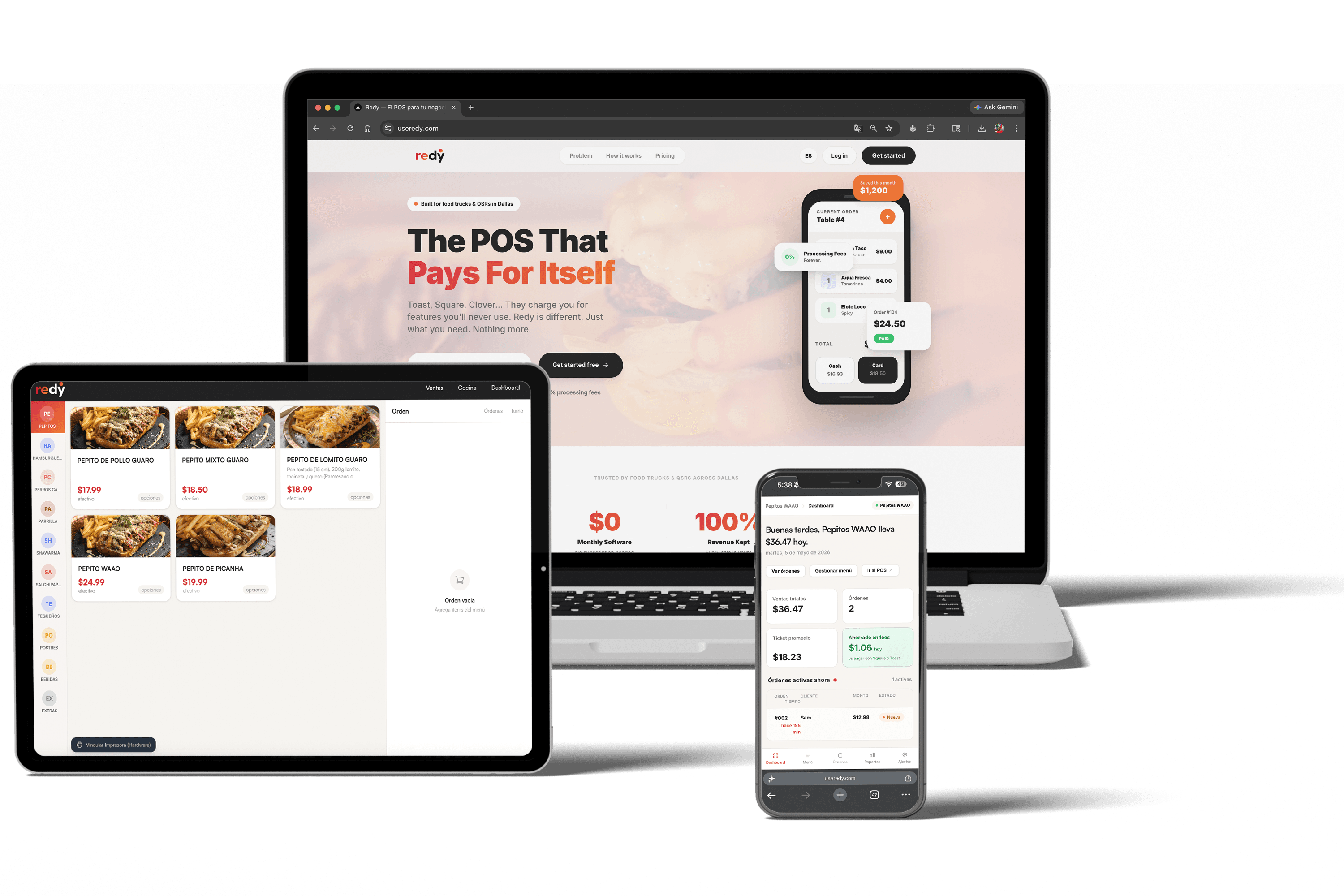 Redy POS — tablet, desktop y dashboard móvil